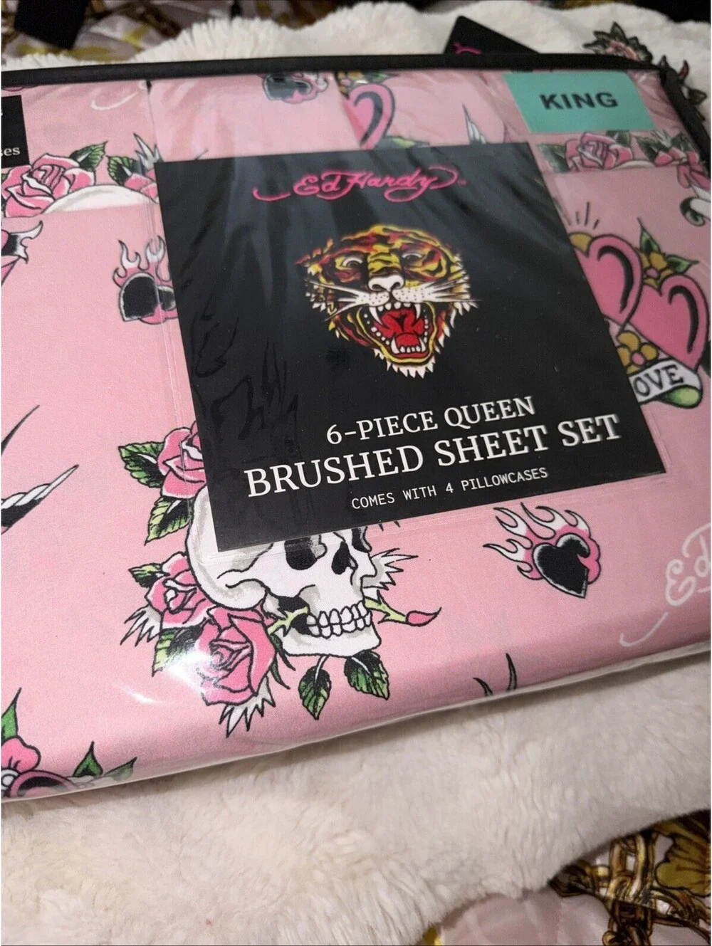 ED HARDY King Pink Sheet Set 6pc New Flowers Skull Roses Heart Grunge Y2K